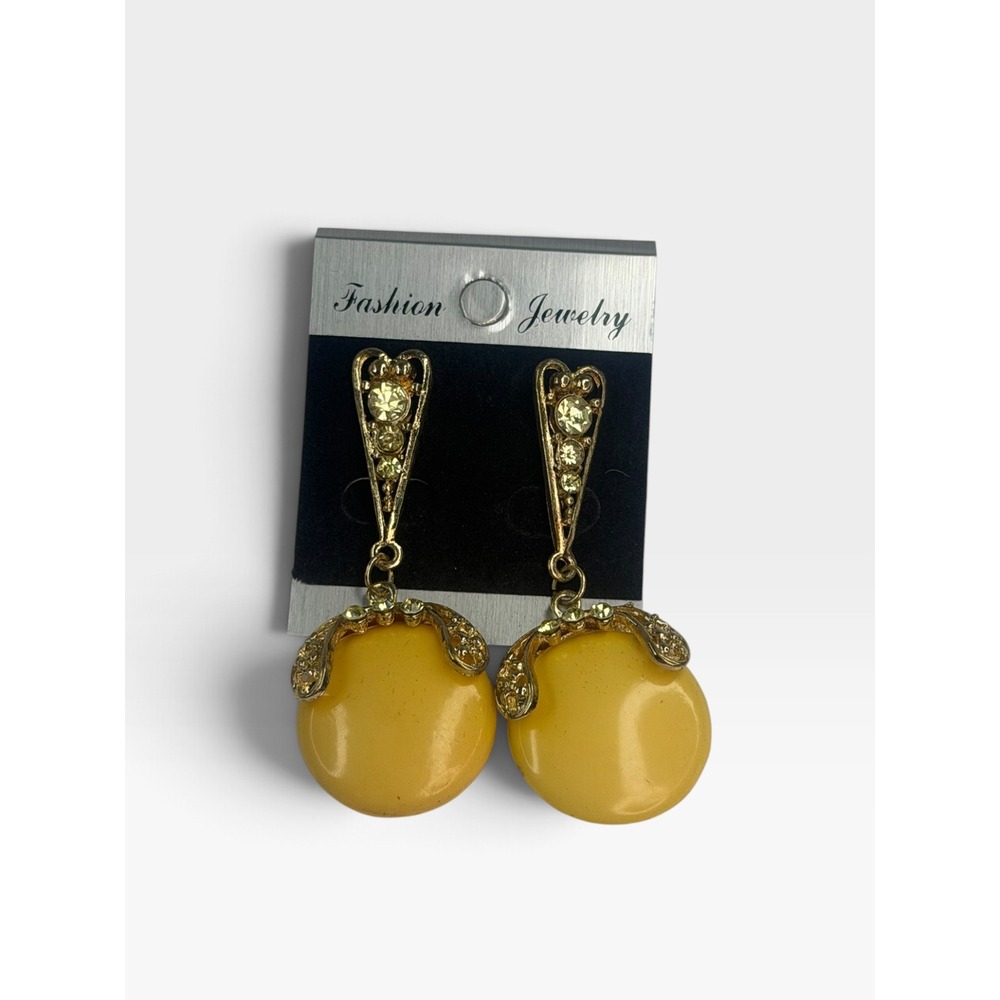 Mustard Yellow Gold Tone Rhinestone Round Drop Dangle Earrings Statement Retro